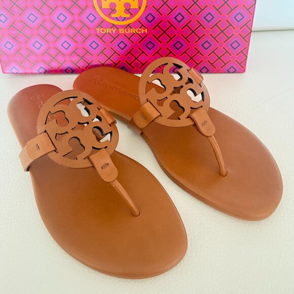 NIB TORY BURCH MILLER CALF LEATHER SANDALS SLIDES MIELE BROWN 9 W DUST BAG
